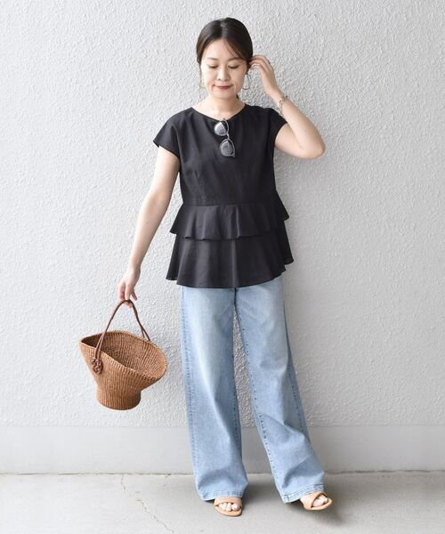 新品✨定価１.３万❤️　ネイビー　麻　2WAYリネンミックスペプラムブラウス セール】*〈手洗い可能〉2WAYリネンミックスペプラムブラウス