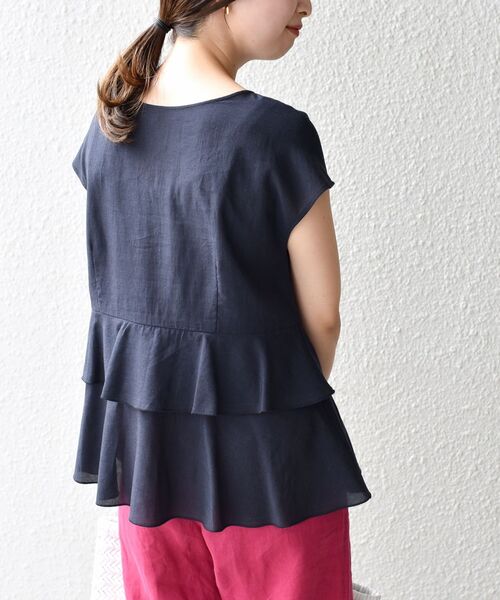新品✨定価１.３万❤️　ネイビー　麻　2WAYリネンミックスペプラムブラウス セール】*〈手洗い可能〉2WAYリネンミックスペプラムブラウス