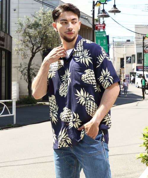 HOUSTON（ヒューストン）の「HOUSTON ワイドアロハシャツ PINEAPPLE（シャツ/ブラウス・メンズ・ブラック/ネイビー/オリーブ・X-LARGE/MEDIUM/LARGE）」の3枚目の写真