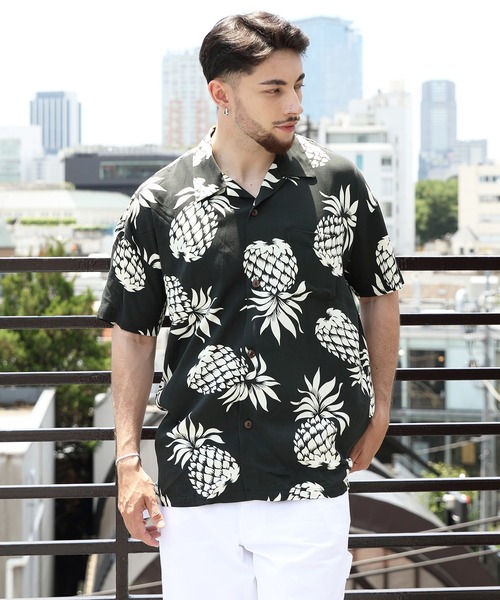 HOUSTON（ヒューストン）の「HOUSTON ワイドアロハシャツ PINEAPPLE（シャツ/ブラウス・メンズ・ブラック/ネイビー/オリーブ・X-LARGE/MEDIUM/LARGE）」の2枚目の写真