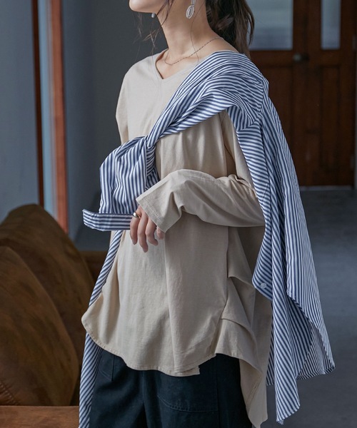 Fashion Letter(ファッションレター)の「タックヘムコットンVネックカットソー(Tシャツ/カットソー・レディース・ブラック/オフホワイト/カーキ/ライトベージュ・M~L/LL~3L/4L~5L)」の1枚目の写真