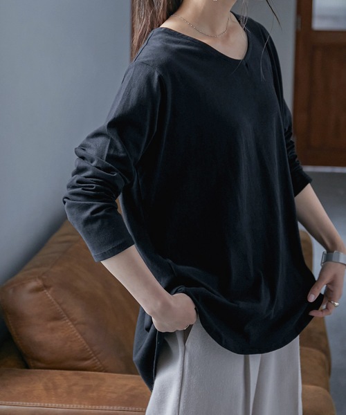 Fashion Letter(ファッションレター)の「タックヘムコットンVネックカットソー(Tシャツ/カットソー・レディース・ブラック/オフホワイト/カーキ/ライトベージュ・M~L/LL~3L/4L~5L)」の20枚目の写真