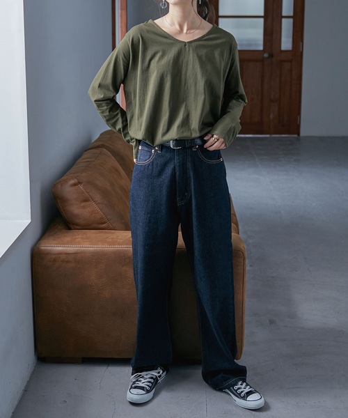 Fashion Letter(ファッションレター)の「タックヘムコットンVネックカットソー(Tシャツ/カットソー・レディース・ブラック/オフホワイト/カーキ/ライトベージュ・M~L/LL~3L/4L~5L)」の8枚目の写真