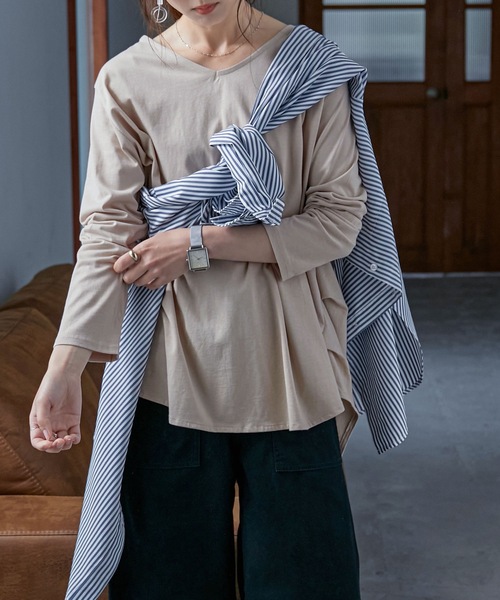 Fashion Letter(ファッションレター)の「タックヘムコットンVネックカットソー(Tシャツ/カットソー・レディース・ブラック/オフホワイト/カーキ/ライトベージュ・M~L/LL~3L/4L~5L)」の19枚目の写真