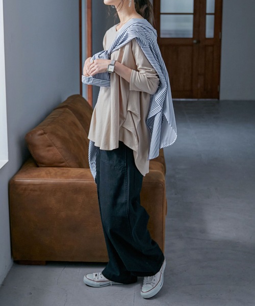 Fashion Letter(ファッションレター)の「タックヘムコットンVネックカットソー(Tシャツ/カットソー・レディース・ブラック/オフホワイト/カーキ/ライトベージュ・M~L/LL~3L/4L~5L)」の15枚目の写真