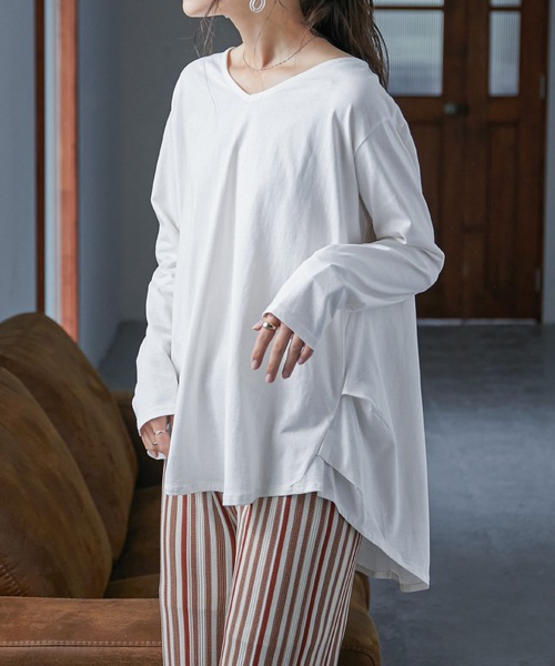Fashion Letter(ファッションレター)の「タックヘムコットンVネックカットソー(Tシャツ/カットソー・レディース・ブラック/オフホワイト/カーキ/ライトベージュ・M~L/LL~3L/4L~5L)」の18枚目の写真