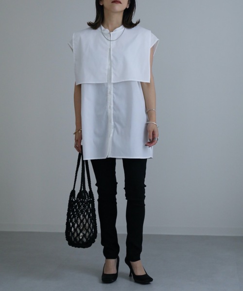 ap retro（アプレトロ）の「スキッパーノースリシャツ　襟付き（シャツ/ブラウス・レディース・ホワイト/ブラック・FREE）」の4枚目の写真