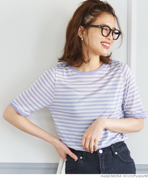 coca（coca）（コカ）の「ボーダーシースルーカットトップ（Tシャツ/カットソー・レディース・ブラック/パープル・M/L）」の9枚目の写真