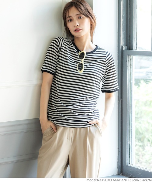 coca（coca）（コカ）の「ボーダーシースルーカットトップ（Tシャツ/カットソー・レディース・ブラック/パープル・M/L）」の4枚目の写真