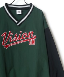 VISION STREET WEAR/ヴィジョンストリートウエア ビッグシルエット ロゴ ワッペン 刺繍 リブライン Vネック プルオーバー