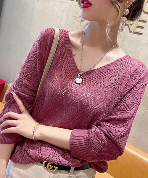 STYLEBLOCK（スタイルブロック）の「ダイヤ柄Vネックニット（ニット/セーター・レディース・パープル/ネイビー/グレー/ベージュ・FREE）」の4枚目の写真