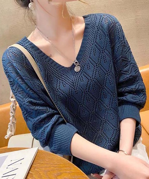 STYLEBLOCK（スタイルブロック）の「ダイヤ柄Vネックニット（ニット/セーター・レディース・パープル/ネイビー/グレー/ベージュ・FREE）」の3枚目の写真