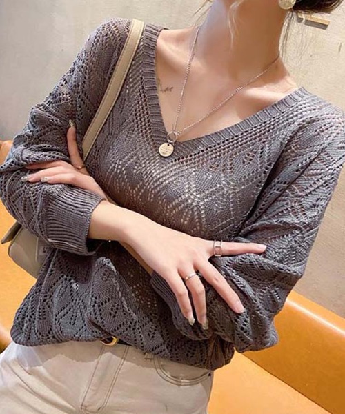 STYLEBLOCK（スタイルブロック）の「ダイヤ柄Vネックニット（ニット/セーター・レディース・パープル/ネイビー/グレー/ベージュ・FREE）」の2枚目の写真