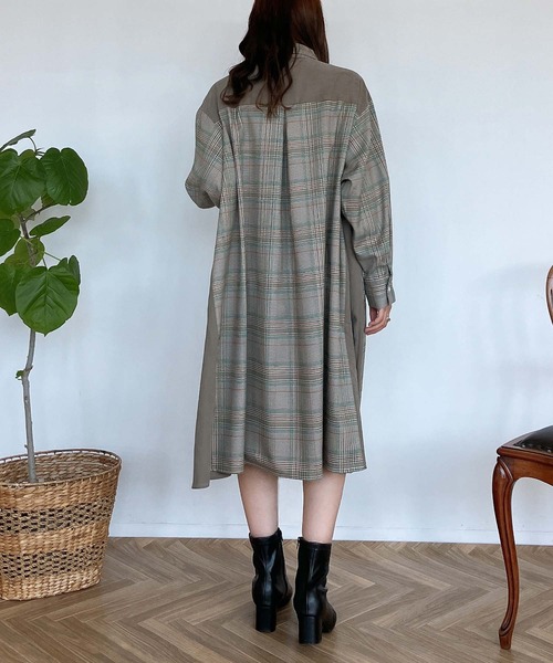 セール】♪異素材合わせてシャツワンピース（シャツワンピース