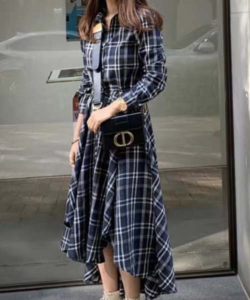 Auntie Rosa（アンティローザ）の「マドラスチェック フレアシャツワンピース（ワンピース・レディース・ネイビー・FREE）」の5枚目の写真