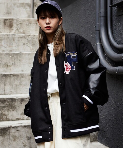 美品】U.S. POLO ASSN. スタジャンM 黒白刺繍 ロゴ ジャケット U.S