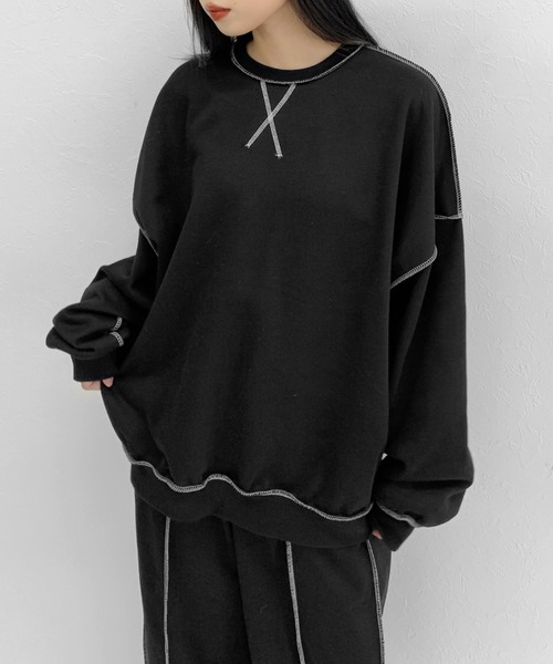 LVEU.（ラブユ.）の「【LVEU.】ステッチデザインスウェットセットアップ / セットアップ トップス パンツ スウェット ステッチ 長袖 ワイド ルーズ オーバー ブラック ダークグレー グレー（セットアップ・レディース・ダークグレー/ブラック・FREE）」の9枚目の写真