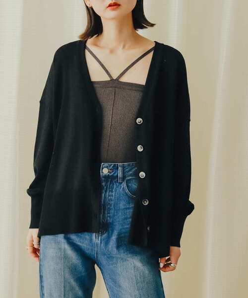 SENSE OF PLACE by URBAN RESEARCH（センスオブプレイスバイアーバンリサーチ）の「Vネックルーズカーディガン（カーディガン/ボレロ・レディース・ブラック/アイボリー/ミント・ONE）」の2枚目の写真