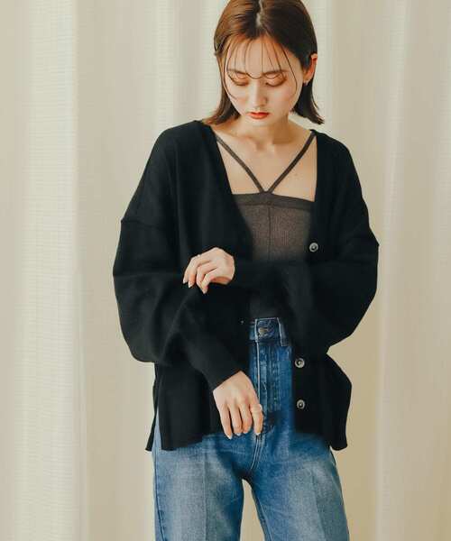 SENSE OF PLACE by URBAN RESEARCH（センスオブプレイスバイアーバンリサーチ）の「Vネックルーズカーディガン（カーディガン/ボレロ・レディース・ブラック/アイボリー/ミント・ONE）」の4枚目の写真