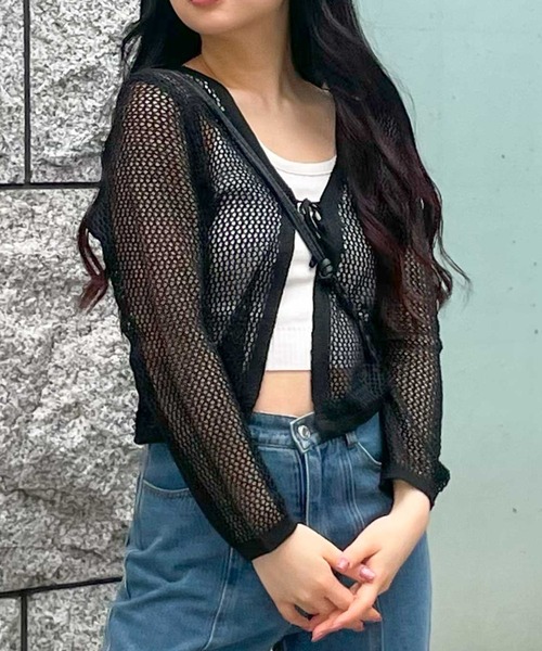frunco(フランコ)の「mesh knit cardigan(カーディガン/ボレロ・レディース・ブラック/ベージュ・FREE)」の1枚目の写真