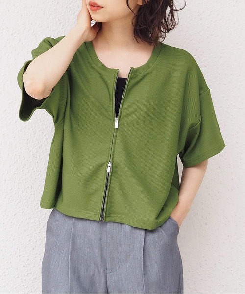 tiptop（ティップトップ）の「ポリテレコダブルジップ半袖カーディガン（カーディガン/ボレロ・レディース・ブルー/アイボリー/ブラック/グリーン・FREE）」の4枚目の写真