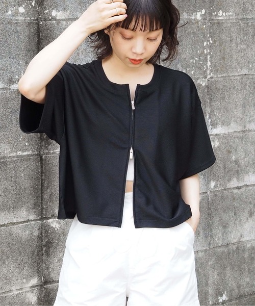 tiptop（ティップトップ）の「ポリテレコダブルジップ半袖カーディガン（カーディガン/ボレロ・レディース・ブルー/アイボリー/ブラック/グリーン・FREE）」の3枚目の写真