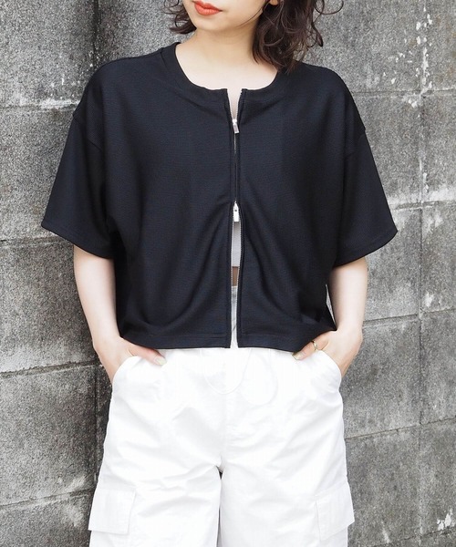 tiptop（ティップトップ）の「ポリテレコダブルジップ半袖カーディガン（カーディガン/ボレロ・レディース・ブルー/アイボリー/ブラック/グリーン・FREE）」の13枚目の写真