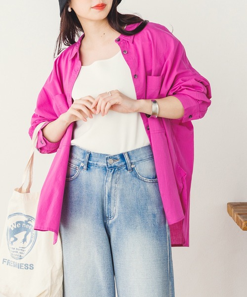 lil nina（リルニーナ）の「キャンブリックボイル 無地 オーバー長袖シャツ（シャツ/ブラウス・レディース・ネイビー/パープル/タン/ホワイト/ライトブラウン・FREE）」の5枚目の写真