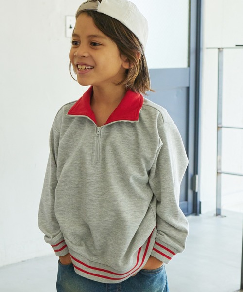 PAIRMANON STREET（ペアマノンストリート）の「【PAIRMANON STREET】裏毛 配色ライン ハーフジップ スウェット（スウェット・キッズ・オートミール/グレー/レッド/イエロー/ブラック・130/90/150/120/140/100/110）」の2枚目の写真