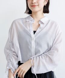袖シャーリングストライプシアーシャツ