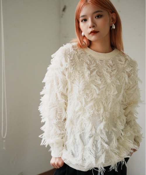 VeLV（ヴェルヴ）の「FRINGE KNIT フリンジニット（ニット/セーター・レディース・ブラック/ホワイト・FREE）」の11枚目の写真