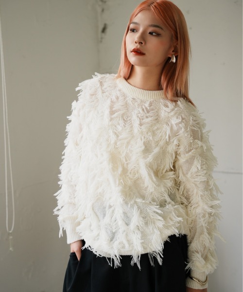 VeLV（ヴェルヴ）の「FRINGE KNIT フリンジニット（ニット/セーター・レディース・ブラック/ホワイト・FREE）」の13枚目の写真