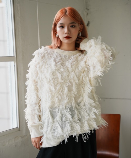 VeLV（ヴェルヴ）の「FRINGE KNIT フリンジニット（ニット/セーター・レディース・ブラック/ホワイト・FREE）」の12枚目の写真