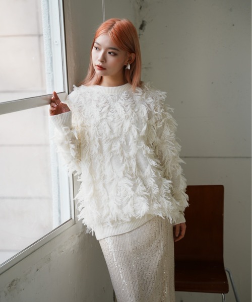 VeLV（ヴェルヴ）の「FRINGE KNIT フリンジニット（ニット/セーター・レディース・ブラック/ホワイト・FREE）」の14枚目の写真