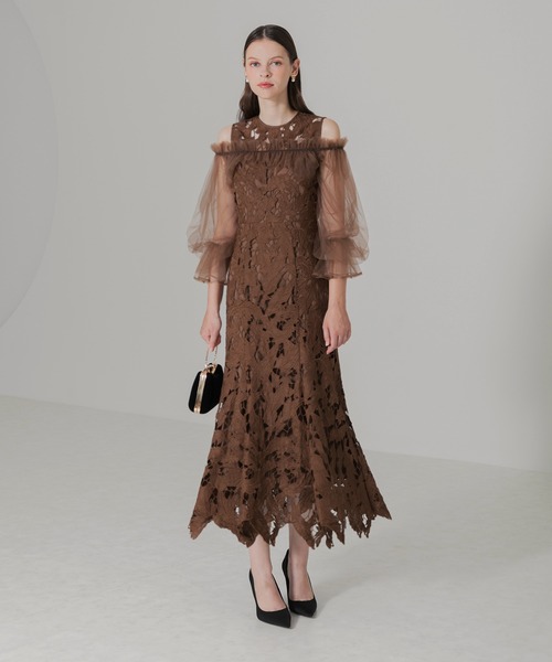 Leja パフスリーブボレロ付レース裾スカラップ加工マーメイドロング丈ドレス LEJA】マルチパフスリーブボレロ付きレース裾スカラップ加工マーメイド