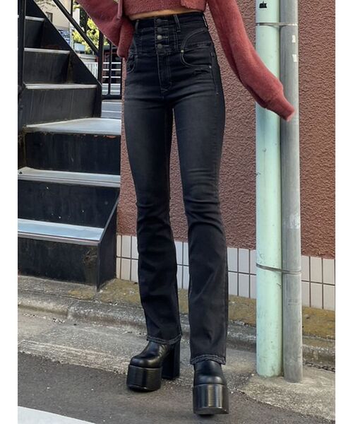 EMODA（エモダ）の「スーパーハイウエストフレアパギンス（デニムパンツ・レディース・ブラック/インディゴブルー・MEDIUM/SMALL/X-SMALL）」の10枚目の写真