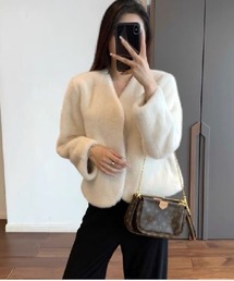 薄綿入りノーカラーフェイクファージャケット ドレスボレロ