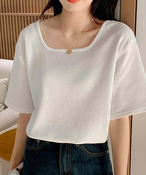 Bifrost(ビフレスト)の「スクエアネックワッフルTシャツ(Tシャツ/カットソー・レディース・グリーン/ホワイト・M)」の2枚目の写真
