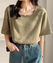 スクエアネックワッフルTシャツ