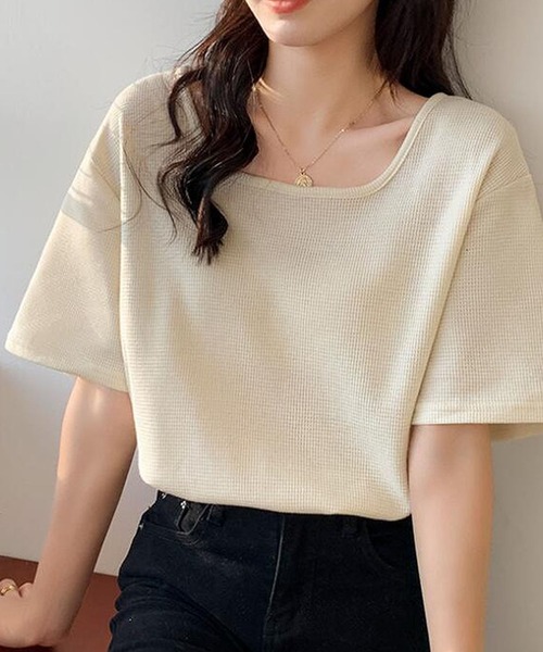 Bifrost(ビフレスト)の「スクエアネックワッフルTシャツ(Tシャツ/カットソー・レディース・グリーン/ホワイト・M)」の3枚目の写真
