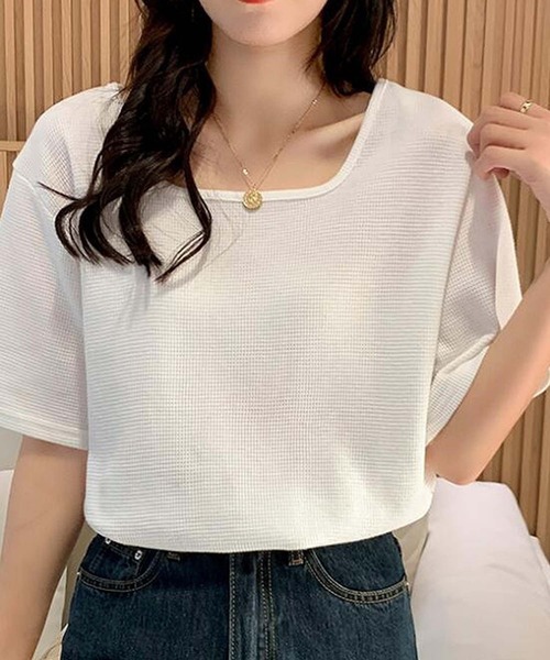 Bifrost(ビフレスト)の「スクエアネックワッフルTシャツ(Tシャツ/カットソー・レディース・グリーン/ホワイト・M)」の6枚目の写真