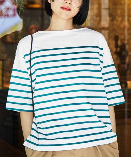 THREE FIFTY STANDARD(スリーフィフティースタンダード)の「THREE FIFTY STANDARD パネルボーダーTシャツ(Tシャツ/カットソー・レディース・ホワイト×グリーン/ホワイト×ブルー/ホワイト×ブラック・MEDIUM/LARGE/XX-LARGE)」の2枚目の写真