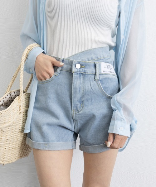 アシンメトリー デニム フレンチ肩 ショートパンツセット 507205 miniministore デニムショートパンツ レディース 短パン