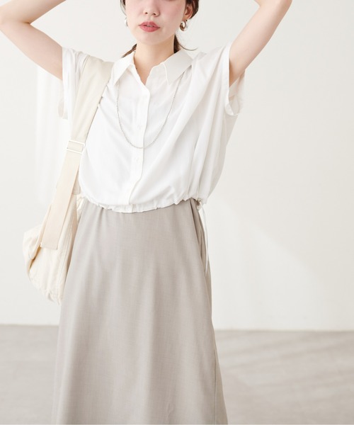 natural couture（ナチュラルクチュール）の「ドロストショートシャツ×キャミワンピース（ワンピース・レディース・ピンク/オフホワイト/チャコールグレー/サックスブルー・FREE）」の17枚目の写真