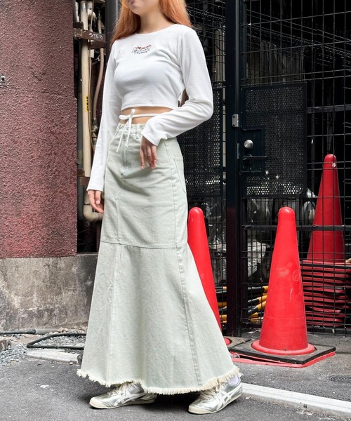 3.3 Field Trip （3.3フィールドトリップ）の「3.3 Field Trip／フリンジデニムロングスカート（デニムスカート・レディース・ブラック/ライトブルー・MEDIUM/SMALL）」の17枚目の写真