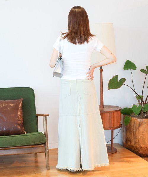 3.3 Field Trip （3.3フィールドトリップ）の「3.3 Field Trip／フリンジデニムロングスカート（デニムスカート・レディース・ブラック/ライトブルー・MEDIUM/SMALL）」の12枚目の写真