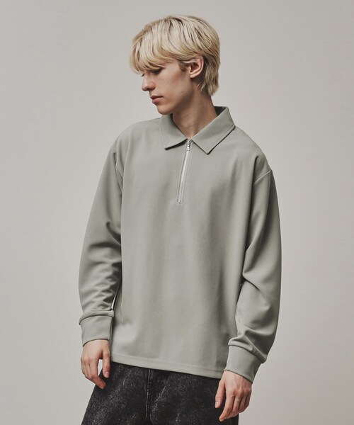tk.TAKEO KIKUCHI（ティーケータケオキクチ）の「◆ジョーゼットハーフジップポロ（Tシャツ/カットソー・メンズ・ライトグレー/ブラック・03/02/01）」の2枚目の写真