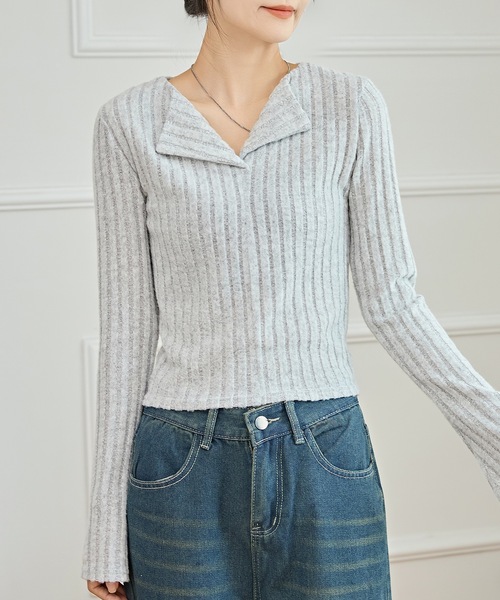 セール】Vネック コンパクト リブ ニット プルオーバー（ニット
