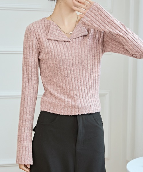 Lace Ladies(レースレディース)の「Vネック コンパクト リブ ニット プルオーバー(ニット/セーター・レディース・パープル/ブラウン/グレイッシュベージュ/グレー・FREE)」の6枚目の写真