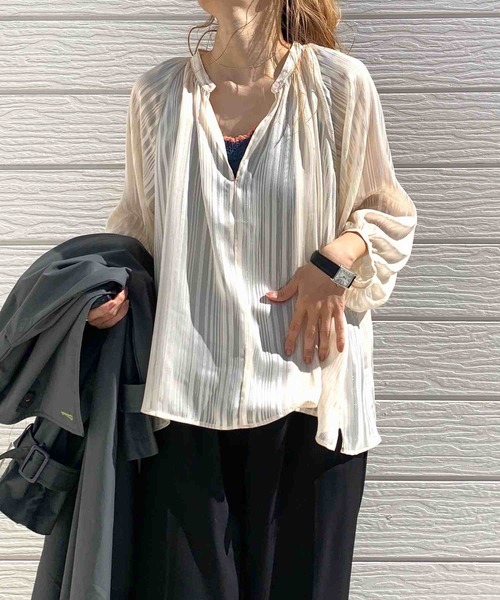 Q(キュー)の「ラメストライプエアシャインブラウス(シャツ/ブラウス・レディース・ミント/ブラック/アイボリー・MEDIUM)」の2枚目の写真